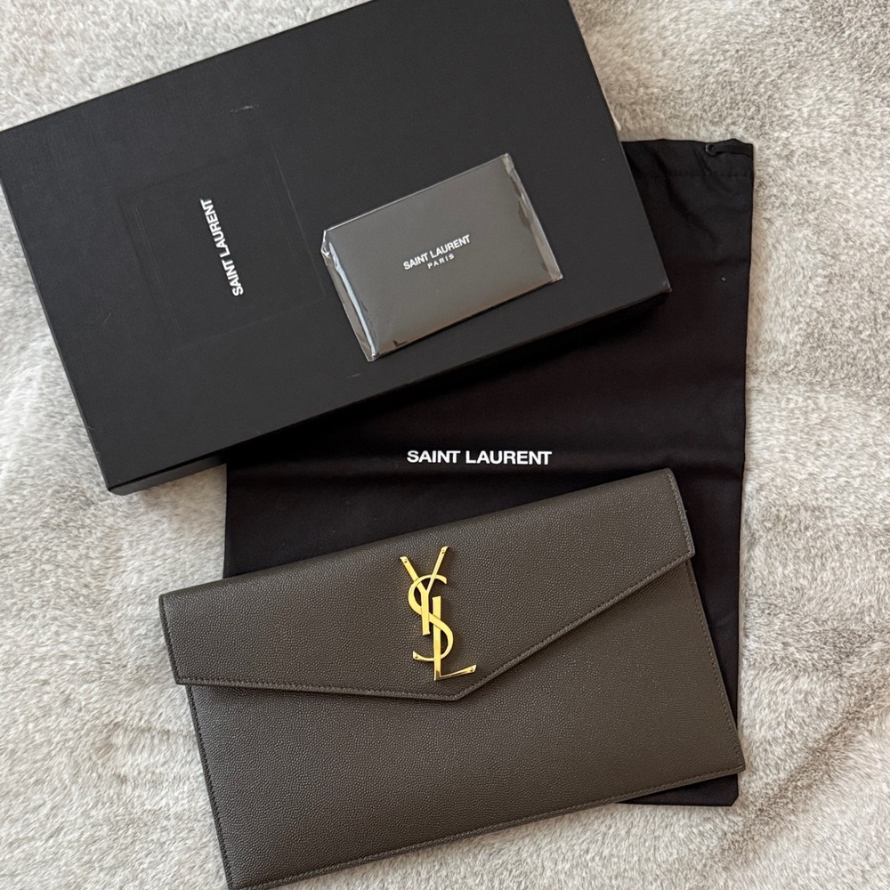 Saint Laurent Dark Gray Envelope Clutch with Gold Logo
